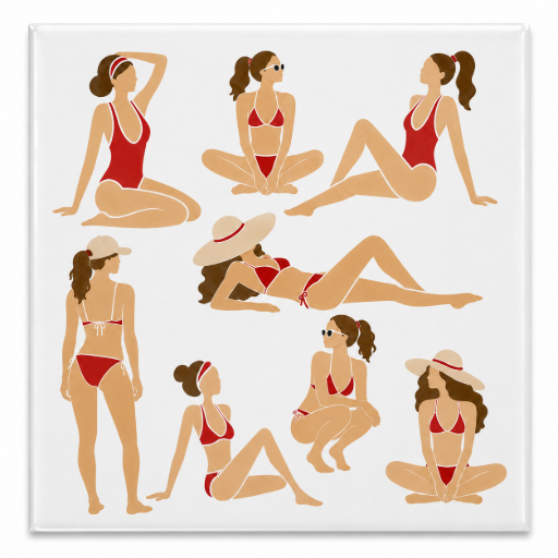 Tegeltje Dames in badkleding rood 10 x 10 cm Stijlvolle Zomerdecoratie