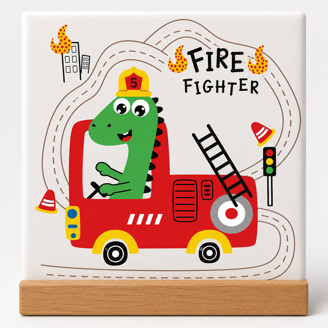 Tegeltje Dino brandweer 10x10 cm – Keramische Decoratie
