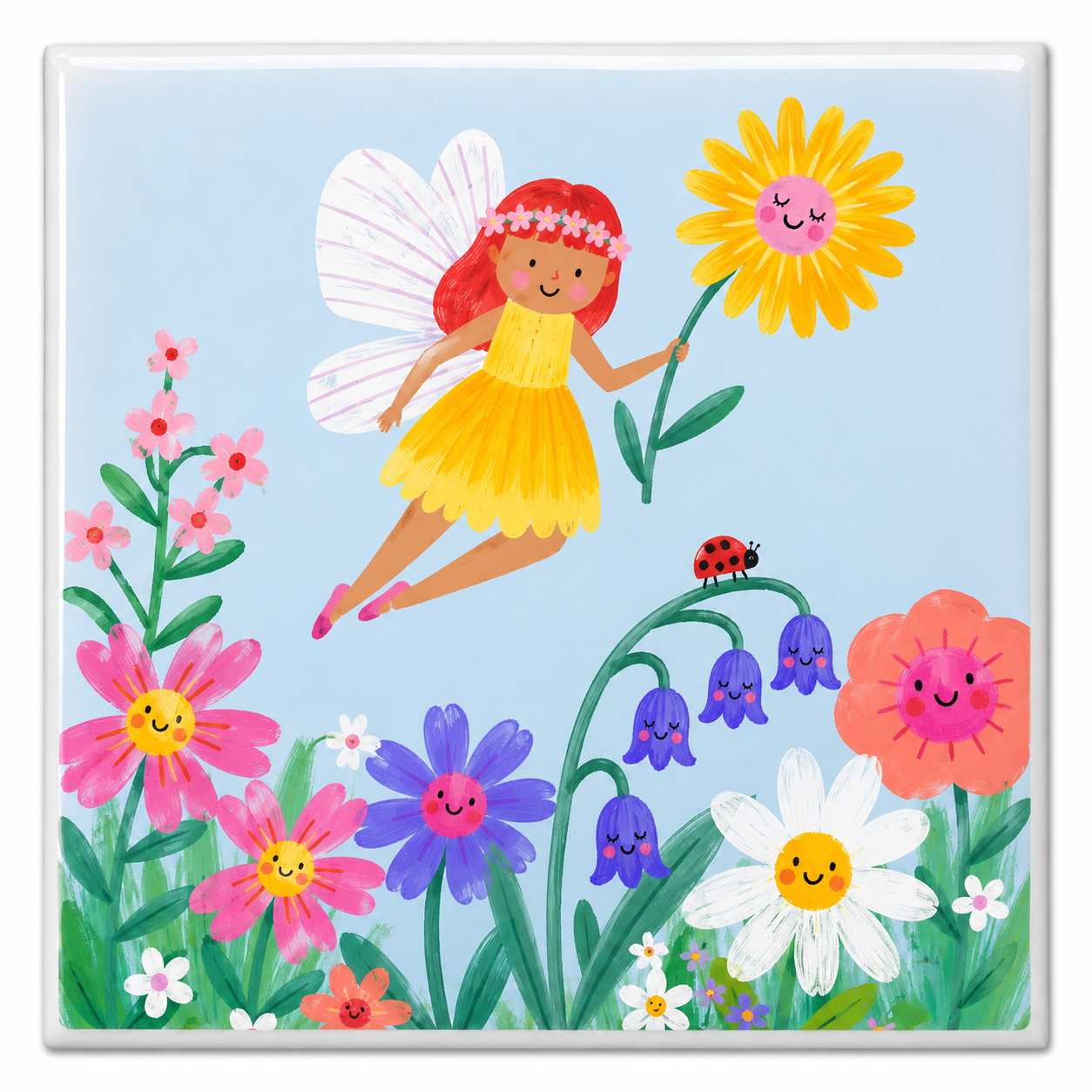 Tegeltje Elfje bij bloemen 10x10 cm – Keramische Decoratie