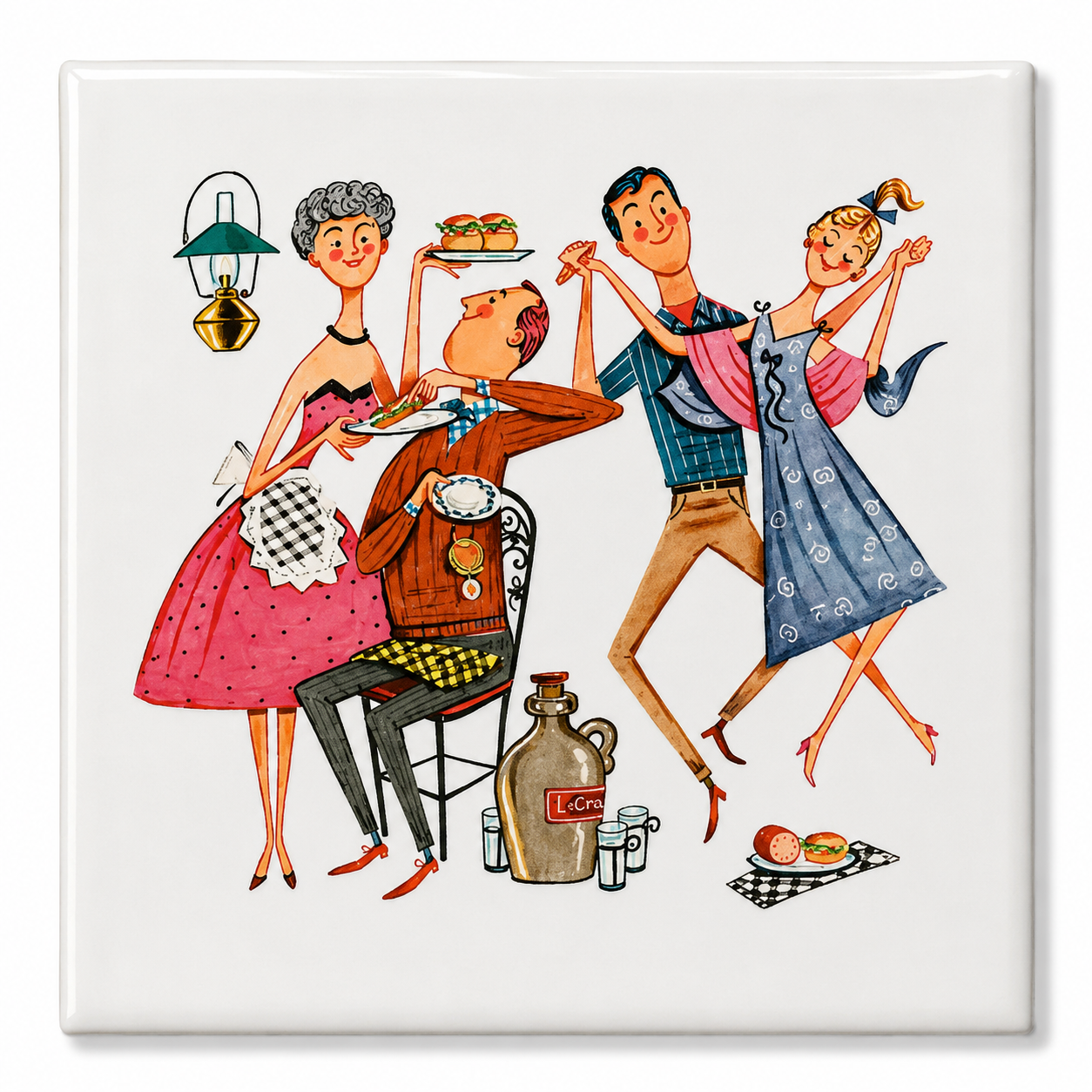 Set van 2 Retro Tegeltjes 5 x 5 cm – Vintage Feest & Dans Illustraties