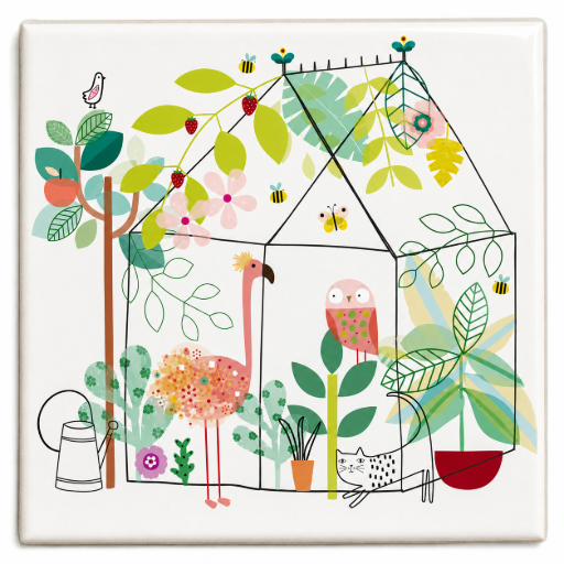 Handgemaakt Tegeltje Kas met planten en dieren 10x10 cm – Kleurrijke Keramische Decoratie