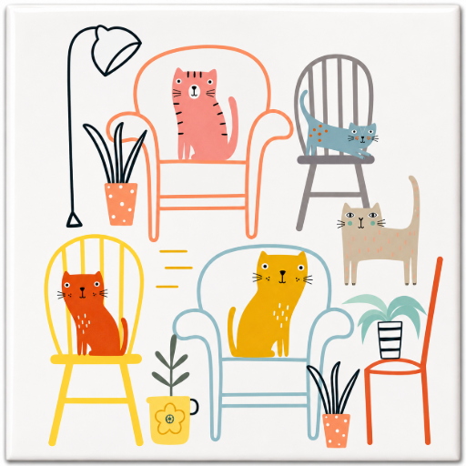 Tegeltje Katten op stoelen 10x10 cm – Keramische Decoratie