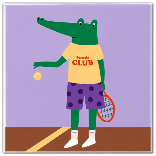 Tegeltje Krokodil op de tennisclub 10x10 cm – Kleurrijke Keramische Decoratie