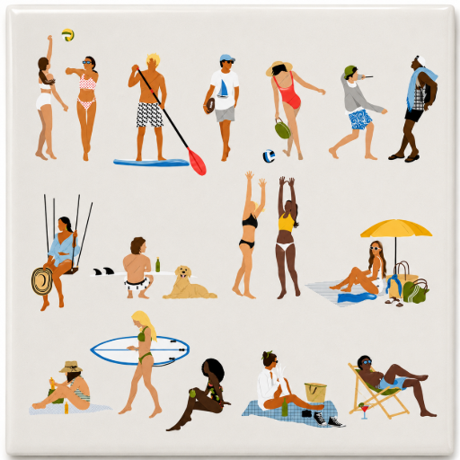 Strandleven Tegeltje 15 x 15 cm – Zomerse Illustratie met Strandfiguren