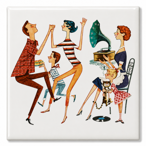 Set van 2 Retro Tegeltjes 5 x 5 cm – Vintage Feest & Dans Illustraties