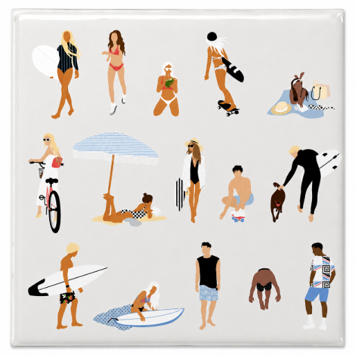 Strandleven met surfers Tegeltje 15 x 15 cm – Zomerse Illustratie met Strandfiguren