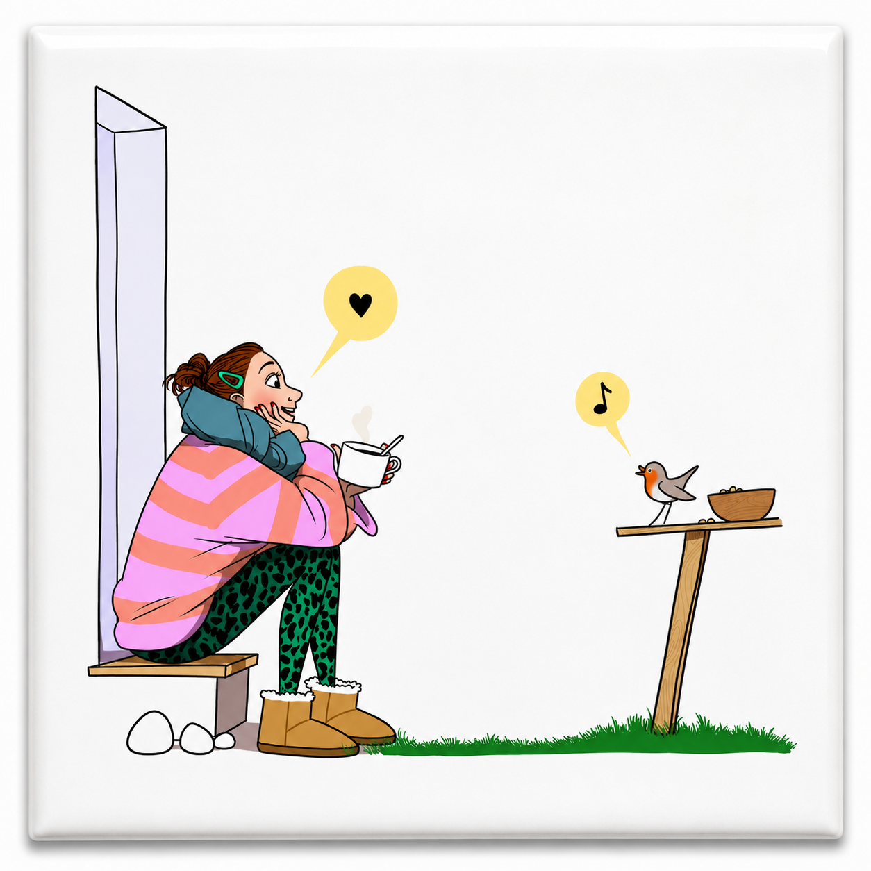 Tegeltje Vrouw met vogeltje hartje 10 x 10 cm