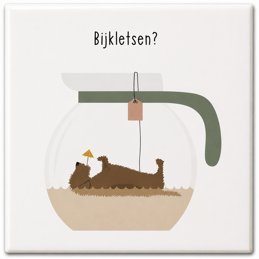 Tegeltje bijkletsen theepot hond 10x10 cm Handgemaakt cadeau