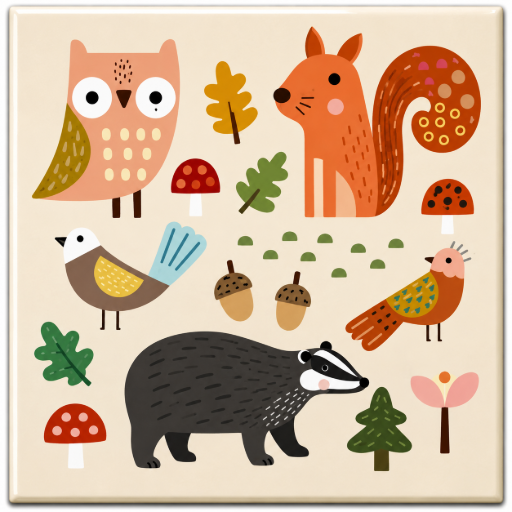 Tegeltje Bosdieren uil eekhoorn das – Keramisch Tegeltje 10 x 10 cm