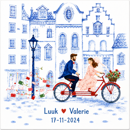 Gepersonaliseerd tegeltje bruidspaar op tandem 10x10 cm Handgemaakt cadeau