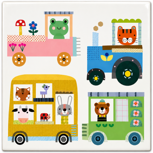 Tegeltje Dieren in voertuigen 10x10 cm handgemaakt cadeau