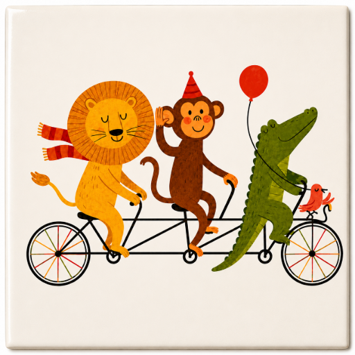 Tegeltje Dieren op de tandem 10x10 cm handgemaakt cadeau