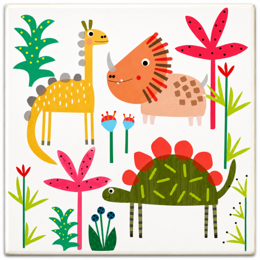 Handgemaakt Dino Tegeltje 10x10 cm – Kleurrijke Keramische Decoratie