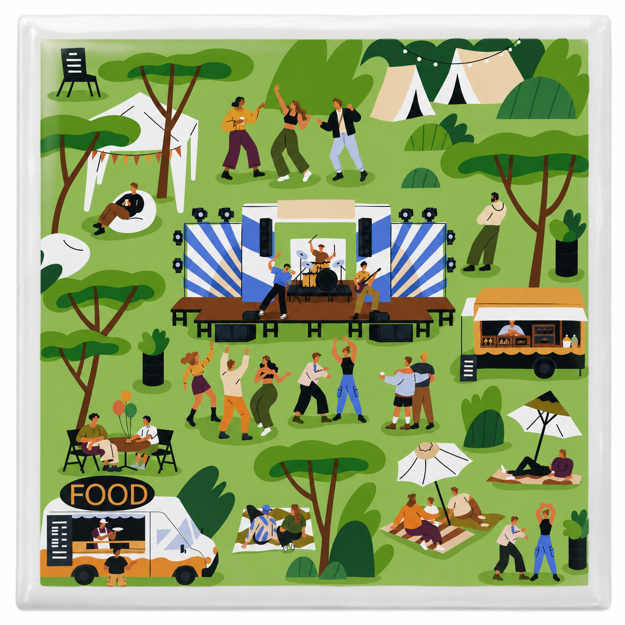 Keramisch Tegeltje 15x15 cm – Festival in het Park Illustratie