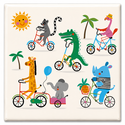 Tegeltje Fietsende dieren 10x10 cm handgemaakt cadeau