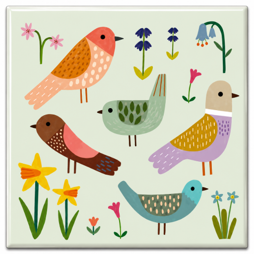 Tegeltje Folk art Vogels en bloemen 10x10 cm handgemaakt cadeau