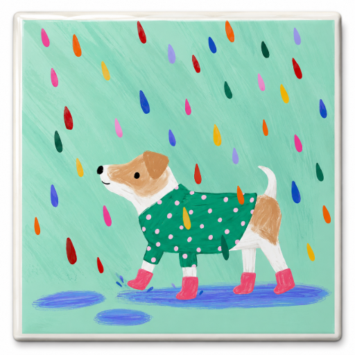 Tegeltje hondje in regen 10x10 cm Handgemaakt cadeau
