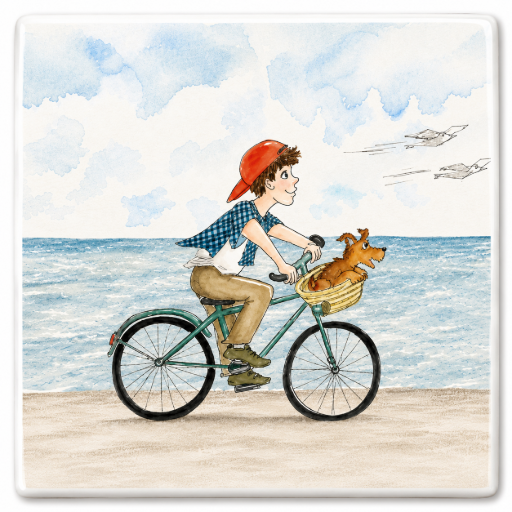 Tegeltje jongen fietst bij het strand 10x10 cm Handgemaakt cadeau