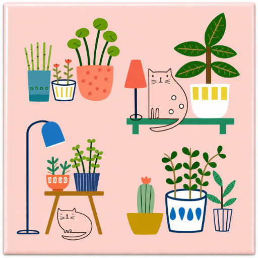 Tegeltje Kat met planten roze achtergrond 10x10 cm handgemaakt cadeau