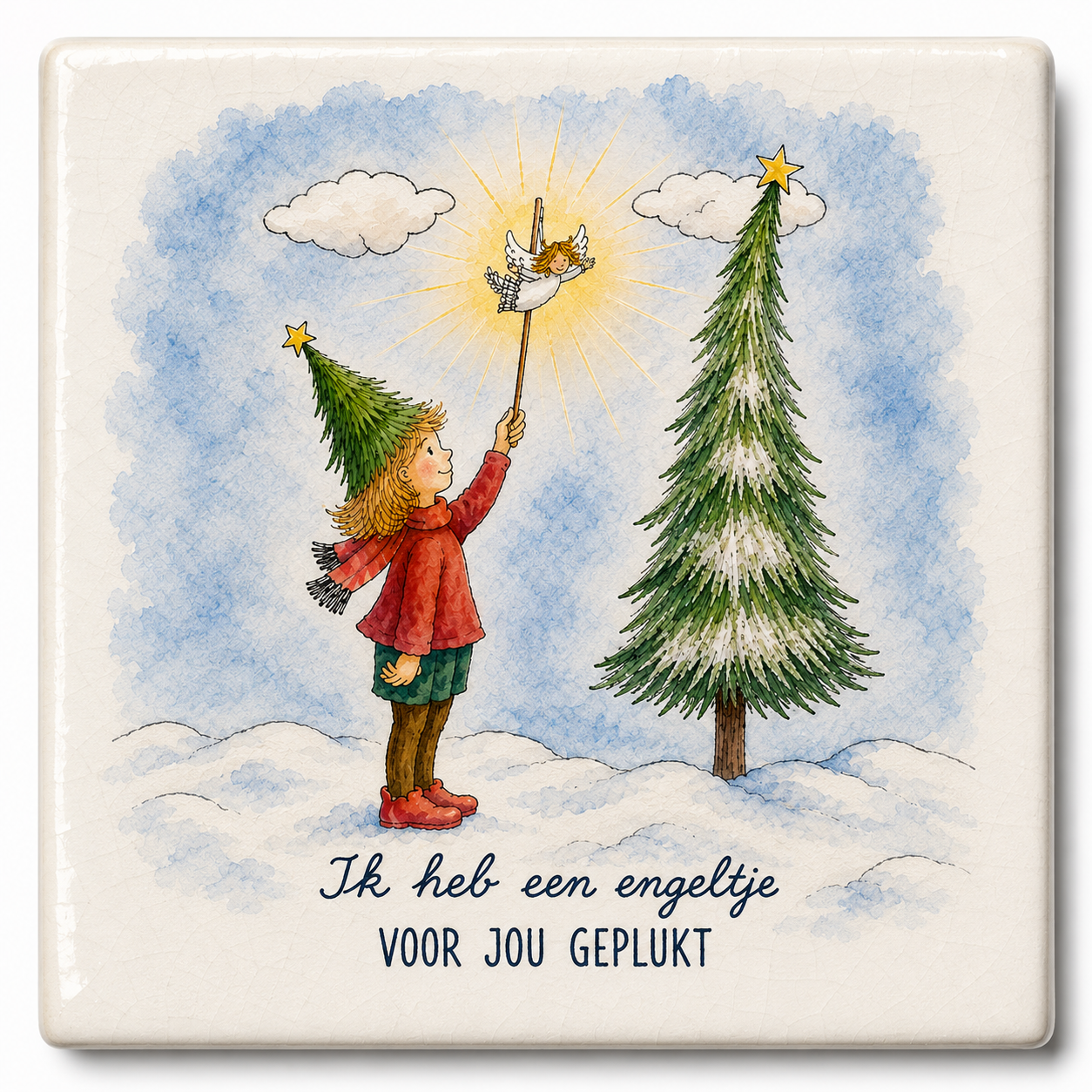 Tegeltje kerstwens engeltje 10x10 cm Handgemaakt cadeau