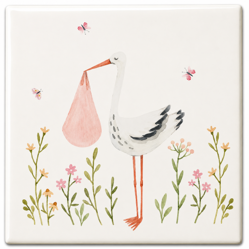 Tegeltje ooievaar roze 10x10 cm Handgemaakt cadeau