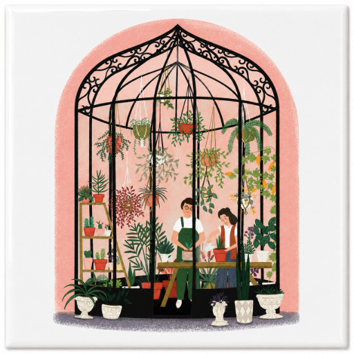 Tegeltje planten in serre met roze achtergrond 10x10 cm handgemaakt cadeau