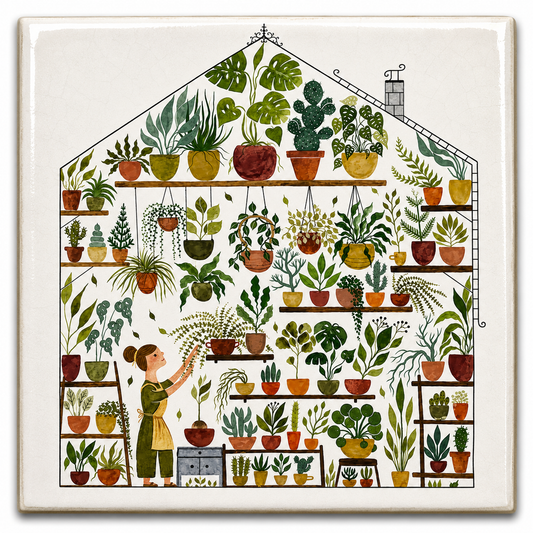 Tegeltje plantenvrouw 10x10 cm handgemaakt cadeau