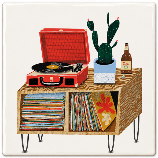 Tegeltje retro platenspeler 10x10 cm Handgemaakt cadeau