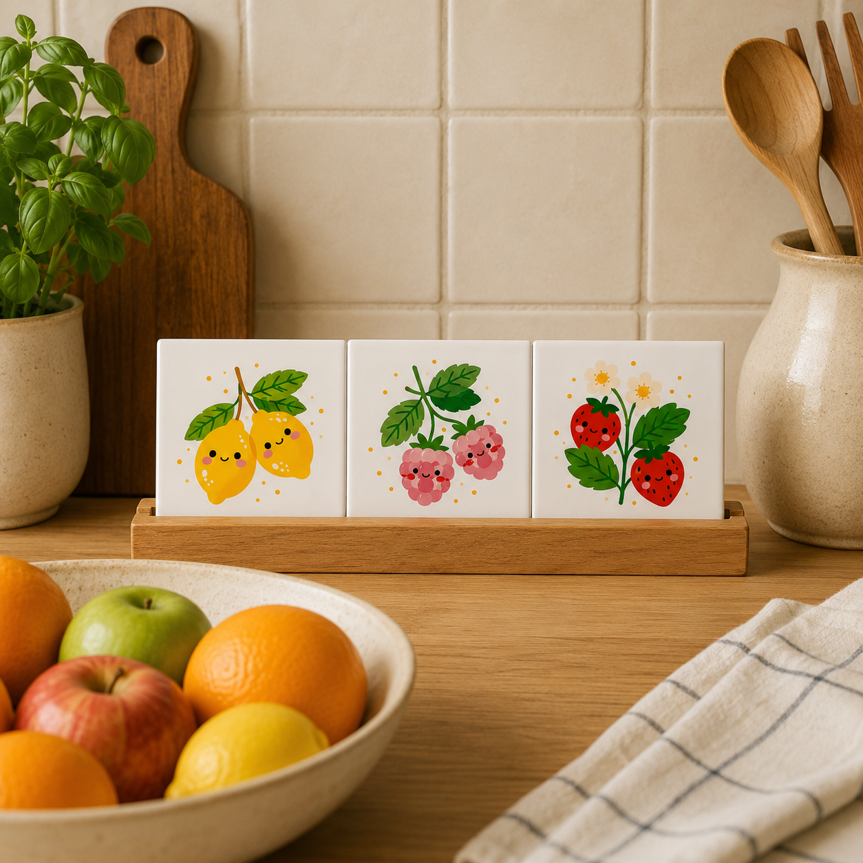 Keramische tegeltjes Fruit– 3 stuks van 5x5 cm