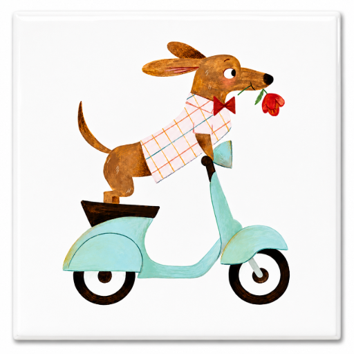 Tegeltje Teckel op scooter 10x10 cm handgemaakt cadeau
