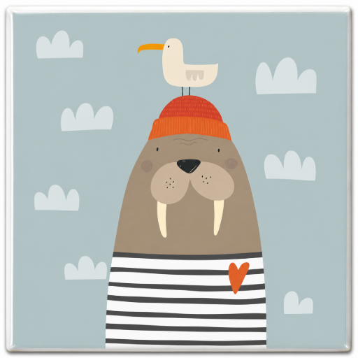 Tegeltje walrus met meeuw 10x10 cm Handgemaakt cadeau