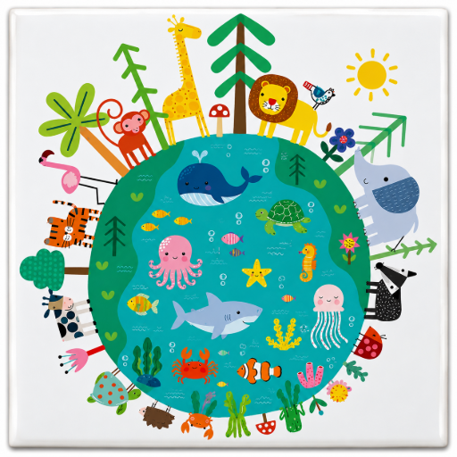 Tegeltje Wereldbol met dieren 15x15 cm handgemaakt cadeau