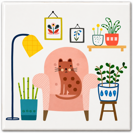Tegeltje Kat in woonkamer op stoel – Keramisch Tegeltje 10 x 10 cm