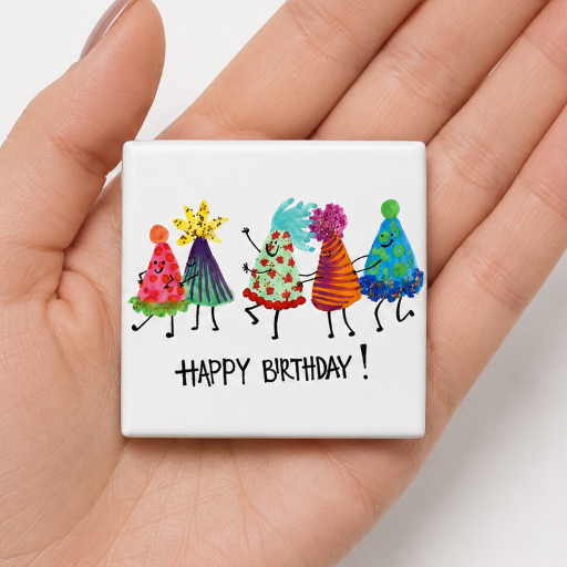Mini Tegeltje Happy birthday Feestmutsen 5 x 5 cm