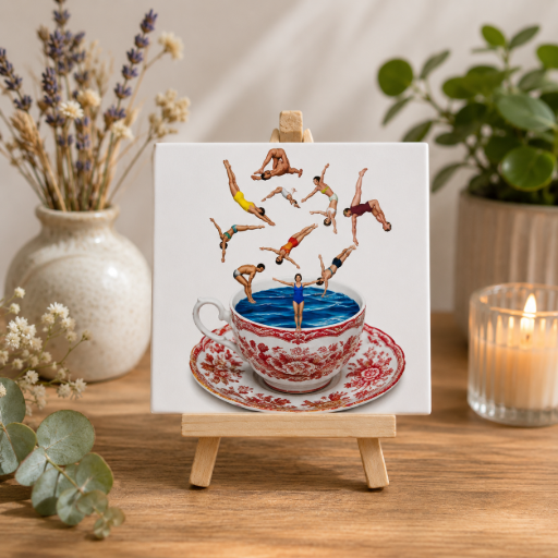 Tegeltje Kop thee met zwemmers 10 x 10 cm