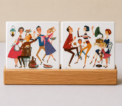 Set van 2 Retro Tegeltjes 5 x 5 cm – Vintage Feest & Dans Illustraties