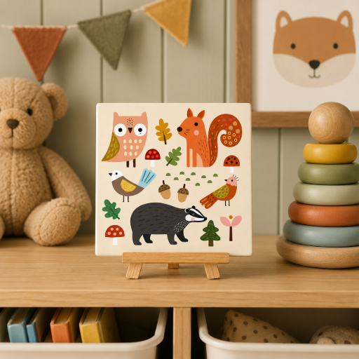 Tegeltje Bosdieren uil eekhoorn das – Keramisch Tegeltje 10 x 10 cm