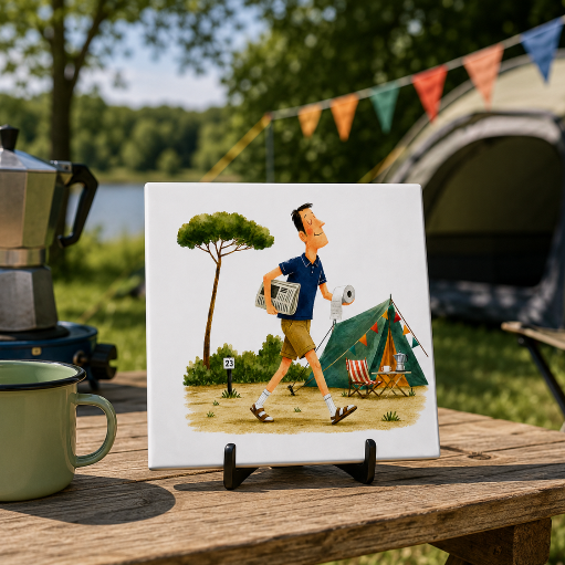 Camping Tegeltje – Man met WC-rol en Krant – Grappig Cadeau voor Kampeerders
