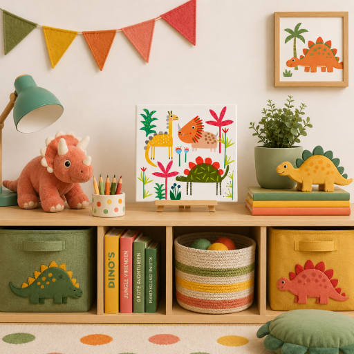 Handgemaakt Dino Tegeltje 10x10 cm – Kleurrijke Keramische Decoratie