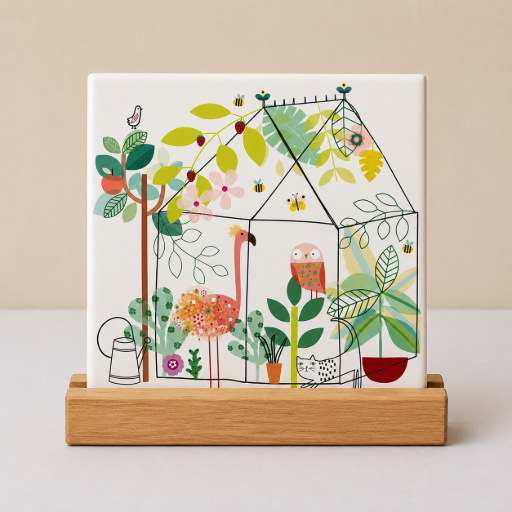 Handgemaakt Tegeltje Kas met planten en dieren 10x10 cm – Kleurrijke Keramische Decoratie