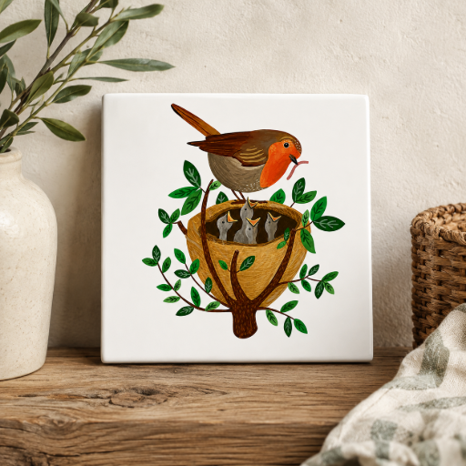 Tegeltje Roodborstje met nestje jonkies 10 x 10 cm