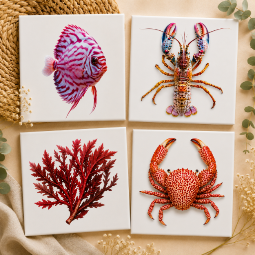 Mini tegeltjes set Zee collectie 5x5 cm | Vis, Wier, Krab & Kreeft