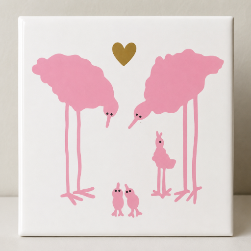 Tegeltje Vogelgezin roze 10x10 cm Handgemaakt cadeau
